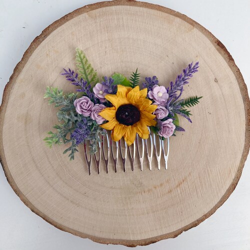 Peigne à fleurs tournesol et lavande / demoiselle d'honneur postiche à fleurs pour mariée / accessoire pour cheveux de mariage