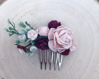 Blush pink and burgundy flower hair comb / Bridesmaid bridal floral hair piece / Wedding hair accessory