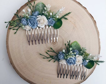 Dusky blue flower hair comb / Floral bridesmaid bridal hair comb / wedding hairpiece