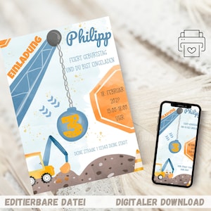 Customizable construction site birthday invitation, excavator party, children&#39;s birthday party, invitation, birthday, digital download