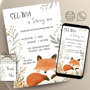 Invitation anniversaire renard modifiable, invitation numérique, fête sauvage, invitation animaux de la forêt, invitation WhatsApp, carte d'invitation animaux bohème
