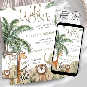 Safari Geburtstagseinladung Vorlage bearbeitbar, digitaler Download, Dschungeltier Einladung, Wild ONE Einladung, Kindergeburtstag Einladung
