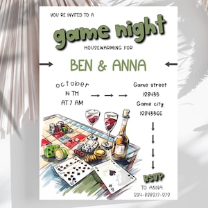 Invitación a la noche de juegos, invitación a fiesta en casa, juegos de mesa, plantilla de cumpleaños imprimible, noche de juegos en familia, fiesta de noche de juegos, reunión de juegos