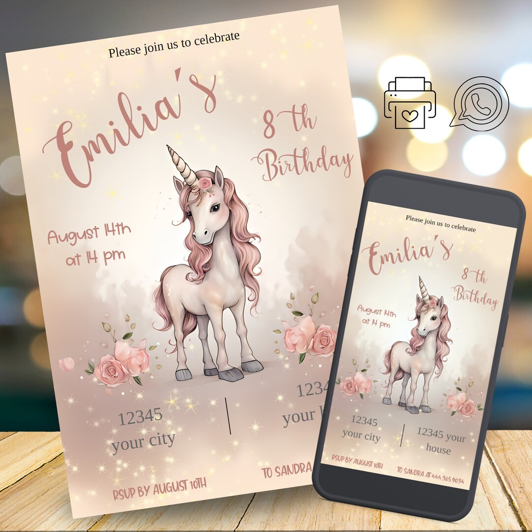 Editable Unicorn Invitation, Birthday Invitation, Electronic Invitation ...
