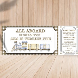 Invitación de cumpleaños ferroviaria personalizable en diseño de billete - invitación de tren digital para cumpleaños infantil - invitación de billete