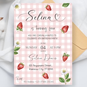 Birthday invitation strawberry, invitation birthday berry, invitation card children&#39;s birthday, invitation strawberry, birthday party girl