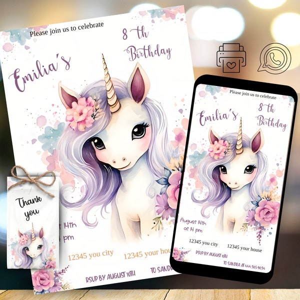 Editable unicorn invitation, birthday invitation, electronic invitation, printable template, unicorn invitation download