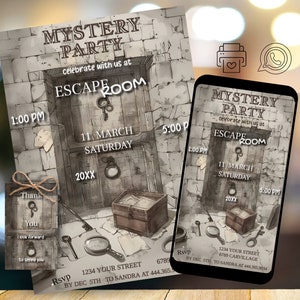 Escape Room Einladung, Mystery  Einladung, Partyeinladung editierbar einladen, Escape Room Party, Erlebnisraum, Entfesselung