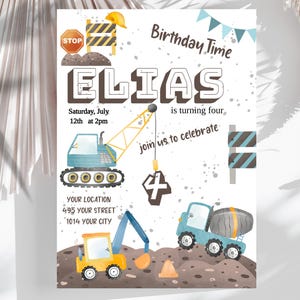 Construction site birthday invitation, excavator party invitation, excavator invitation card, construction site party invitation, boys