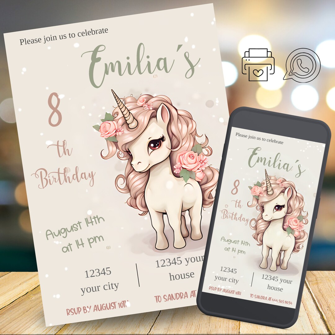 Editable Unicorn Invitation, Birthday Invitation, Electronic Invitation ...