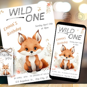 Invitation d’anniversaire renard modifiable, invitation numérique, fête sauvage, invitation animaux de la forêt, invitation WhatsApp, animaux de carte d’invitation