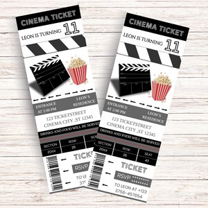 May include: Black and white cinema ticket invitation with a clapperboard and popcorn. The text reads "Cinema Ticket" and "Leon is turning 11".