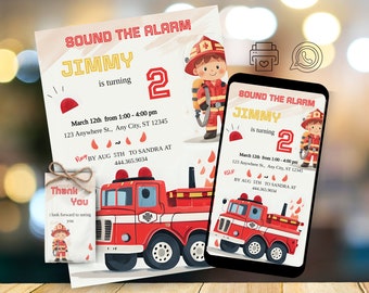 Digital birthday invitation fire department, fireman invitation card, fire engine, electronic invitation, personalized template