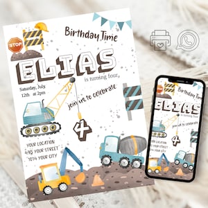 Verjaardagskaart bouwplaats verjaardagsuitnodiging, graafmachinefeest, WhatsApp, kinderverjaardag, uitnodiging, verjaardag, digitale download