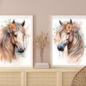2 caballos clipart alta calidad JPG descarga digital A4, diseño de tarjeta A3, clip art, cartel digital, mural de caballos, acuarela, boho