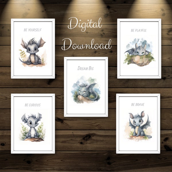 Dragon Nursery Art, Dragon Poster Digital Download, DIY Nursery Decor, Dragon Prints, Fairytale Baby Dragons, Dragon Painting