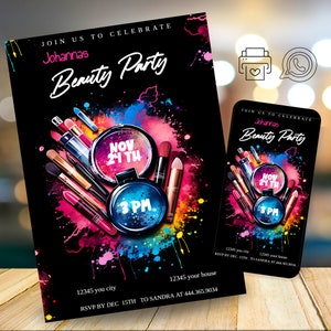 Beauty Einladung bearbeitbar, Einladung zum Geburtstag, elektronische Einladung, druckbare Vorlage, Teenager Einladung download