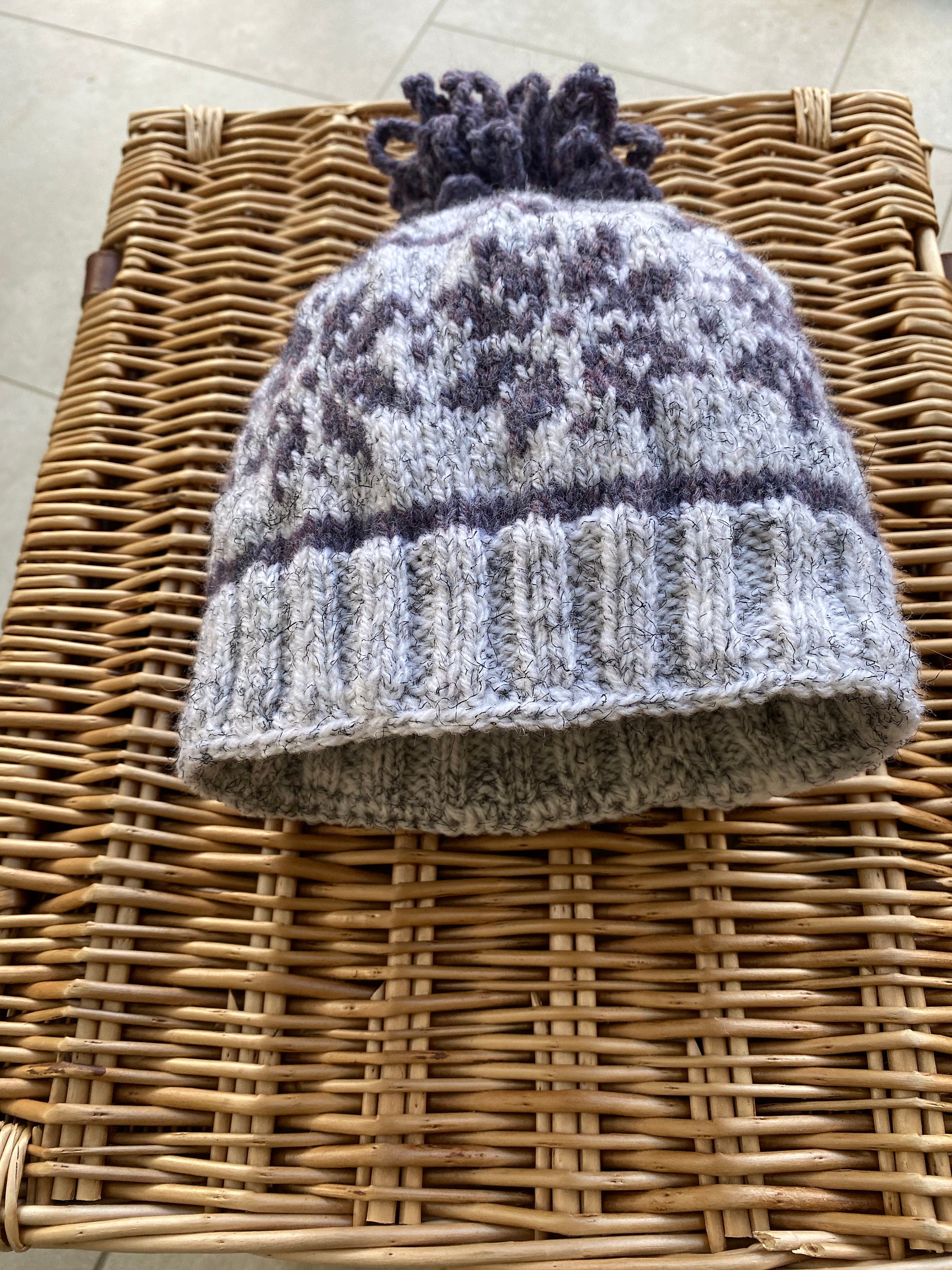 Hand knitted hat made with Aran wool and crochet bobble Etsy