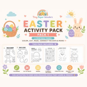 Peut inclure: Pack d'activités de Pâques 1 avec 6 pages imprimables. Comprend des activités de coloriage, de découpage et collage, de labyrinthes et de points à relier. Illustrations de lapin, poussin, panier de Pâques et labyrinthe. Texte : "Activités amusantes pour les enfants."