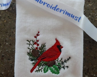 Embroidered Red Cardinal Fingertip Guest Towel, Winter Bird Decor