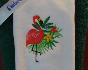 Embroidered Flamingo Fingertip Guest Towel, Tropical Coastal Floral Decor