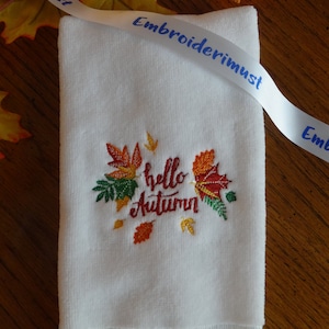 Hello Autumn colorful fall leaves fingertip towel, housewarming gift for daughter, bathroom guest towels for niece or friend, wedding gift