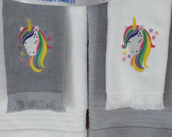 Embroidered Unicorn Fingertip Guest Towel, Rainbow Colors, Gray or White