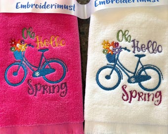 Embroidered Spring Bike Fingertip Guest Towel, Floral Bathroom Decor