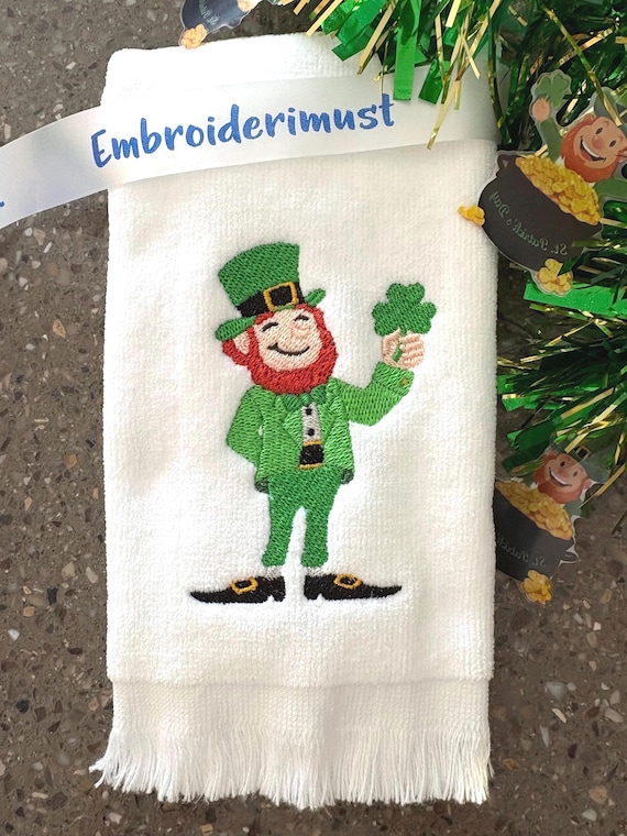 Embroidered Leprechaun Fingertip Guest Towel, St. Patrick's Day Shamrock Decor