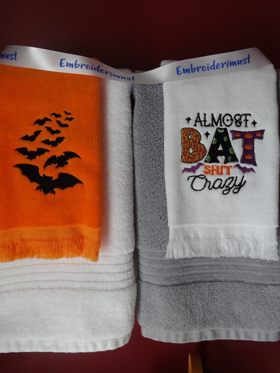 Embroidered Halloween Fingertip Towel, Bats & Spooky Design