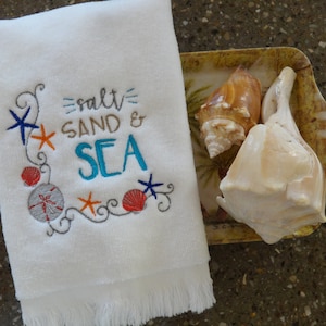 Seashells Salt Sand and Sea summer starfish beach fingertip towel, housewarming gift for daughter, friend, couple, wedding gift, guest towel