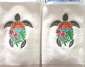 Embroidered Sea Turtle Fingertip Guest Towel, Tropical Palm, Coastal Decor for Bathroom
