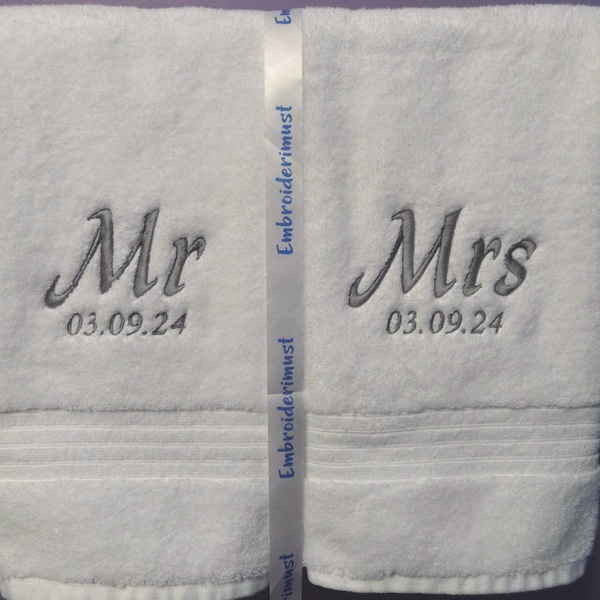Lot de serviettes brodées Mr & Mrs, cadeau de mariage personnalisé