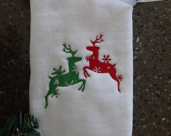 Christmas red and green reindeer fingertip guest bathroom towels, housewarming party gift for friend