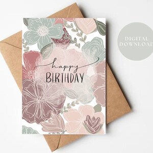 Happy Birthday Karte - Grußkarte zum Ausdrucken - Blumen Design