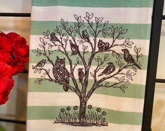 Woodland Tree and Creatures Tea Towel / Simple Brown Machine Embroidery