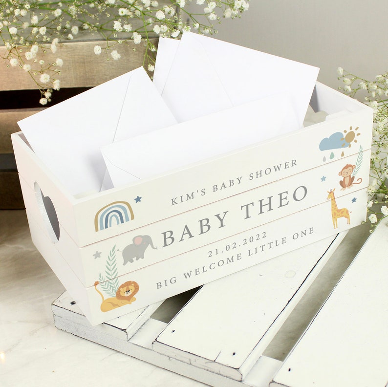 Personalised Safari Animals White Wooden Crate - New Baby Gift | Baby ...