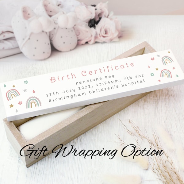 Personalised Rainbow Wooden Certificate Holder - New Born Gift | New Baby Gift | Baby Shower Gift | Christening | Birth Certificate