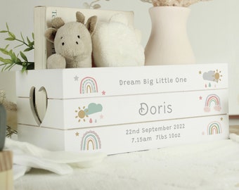 Personalised Rainbow White Wooden Crate - New Baby Gift | Baby Shower Gift | Gift for Baby | New Born Gift | Memory Box