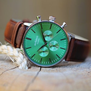 Personalised Men's Architect Motivator Watch - Envy Green - Walnut Strap - Gift for Him | Birthday Gift | Wedding Gift | Anniversary Gift