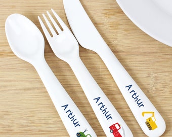 Personalised Vehicles Plastic Cutlery | Gift for Children | Naming Day | Christening Gift | Baptism Gift | Birthday Gift