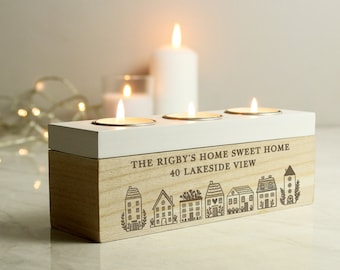 Personalised HOME Triple Tea Light Box - New Home Gift | House Warming Gift | Gift for Couples | Gift for Family