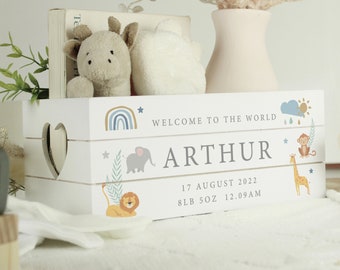 Personalised Safari Animals White Wooden Crate - New Baby Gift | Baby Shower Gift | Gift for Baby | New Born Gift | Memory Box