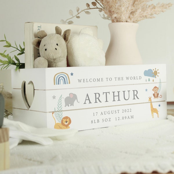 Personalised Safari Animals White Wooden Crate - New Baby Gift | Baby Shower Gift | Gift for Baby | New Born Gift | Memory Box