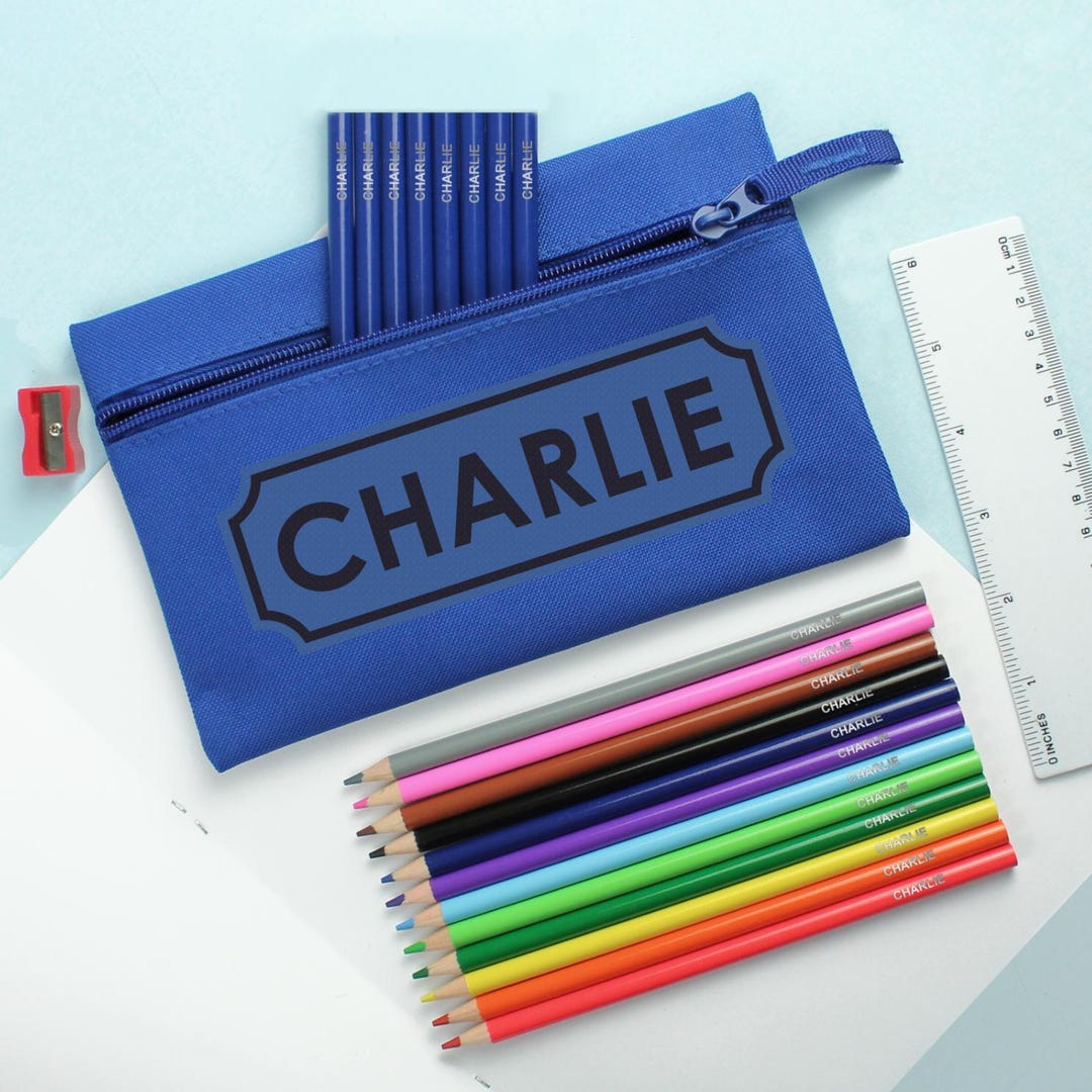 Personalised Pencil Case With Personalised Pencils & Crayons - Blue or ...