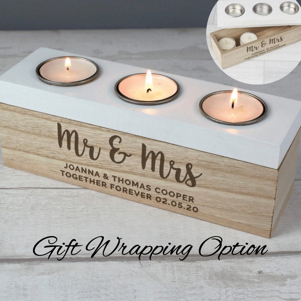 Personalised Married Couple Triple Tea Light Box - Wedding Gifts | Wedding Presents | Wedding Day | Mr & Mrs | Mr and Mr | Mrs and Mrs