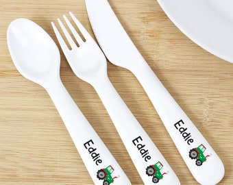 Personalised Tractor 3 Piece Plastic Cutlery Set | Gift for Children | Naming Day | Christening Gift | Baptism Gift | Birthday Gift