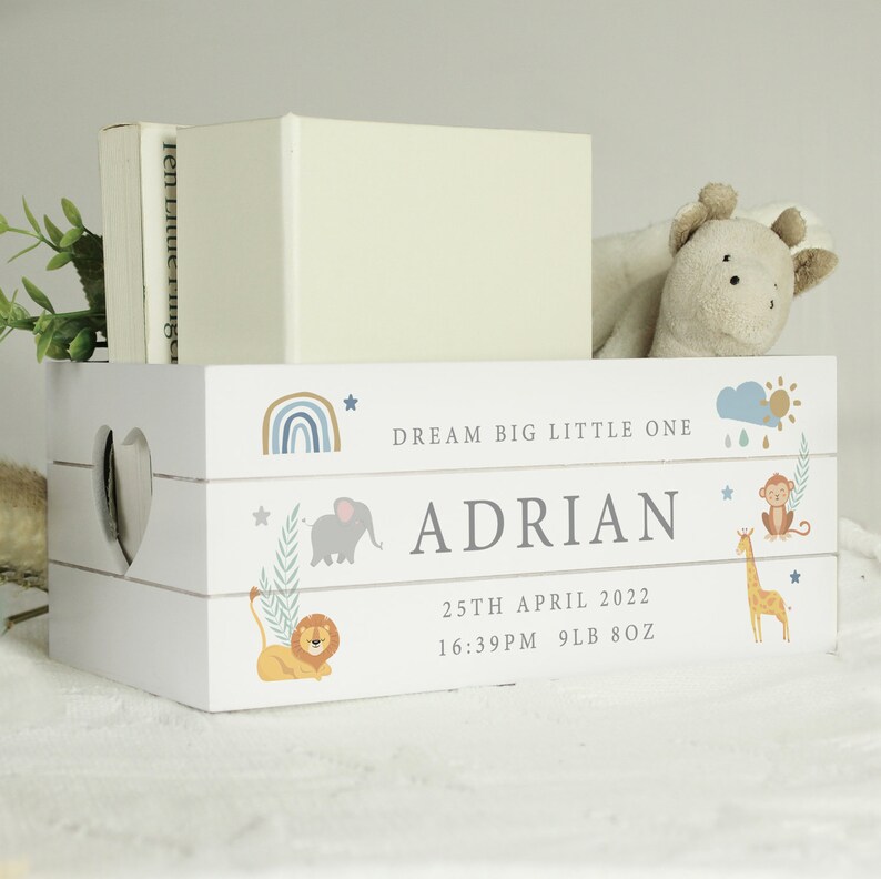Personalised Safari Animals White Wooden Crate - New Baby Gift | Baby ...