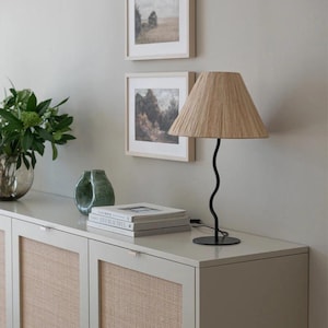May include: A white cabinet with two doors and woven cane panels. The cabinet has a light grey countertop with a black table lamp with a woven shade, a green vase, and a stack of books.