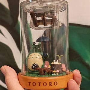 May include: A Totoro-themed decorative snow globe. The clear, cylindrical globe houses a miniature scene with the character Totoro, mushrooms, and a small umbrella. The base is wooden and has the word "TOTORO" printed on it.